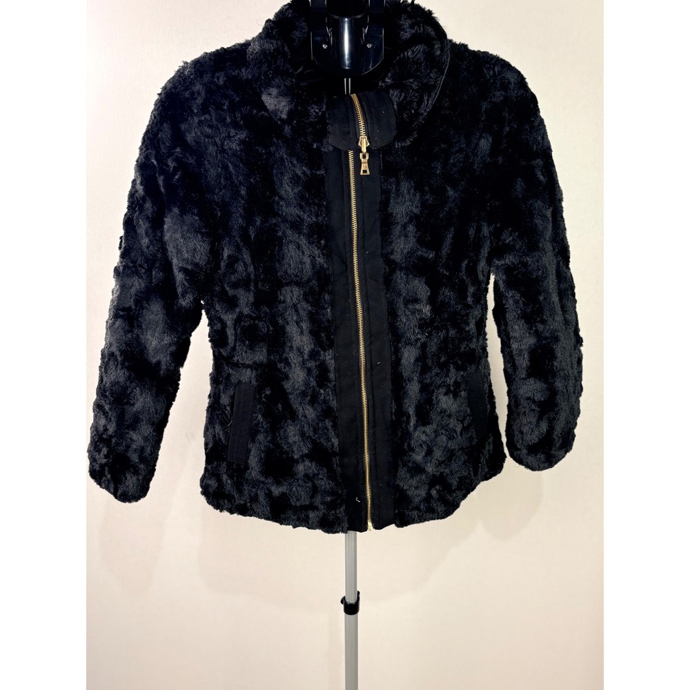 IZ Byer Girl Black Faux Fur Zip Up Jacket Gold Hardware Size L 14 J7009M1